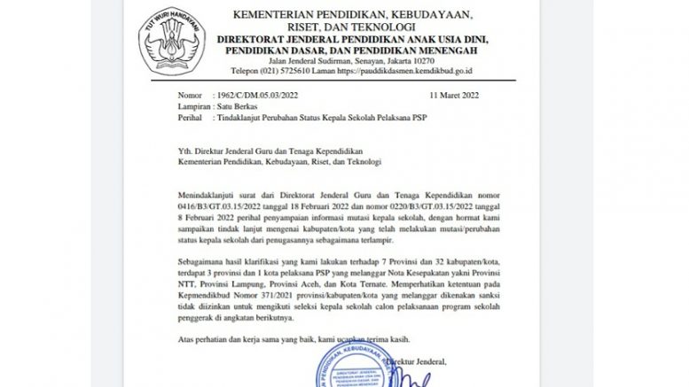 Surat Dirjen Pendidikan Anak Usia Dini, Pendidikan Dasar dan Menengah
